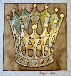 Wasserfarben-Kunst einer goldenen Krone mit Edelsteinen, symbolisiert männliche Kraft.