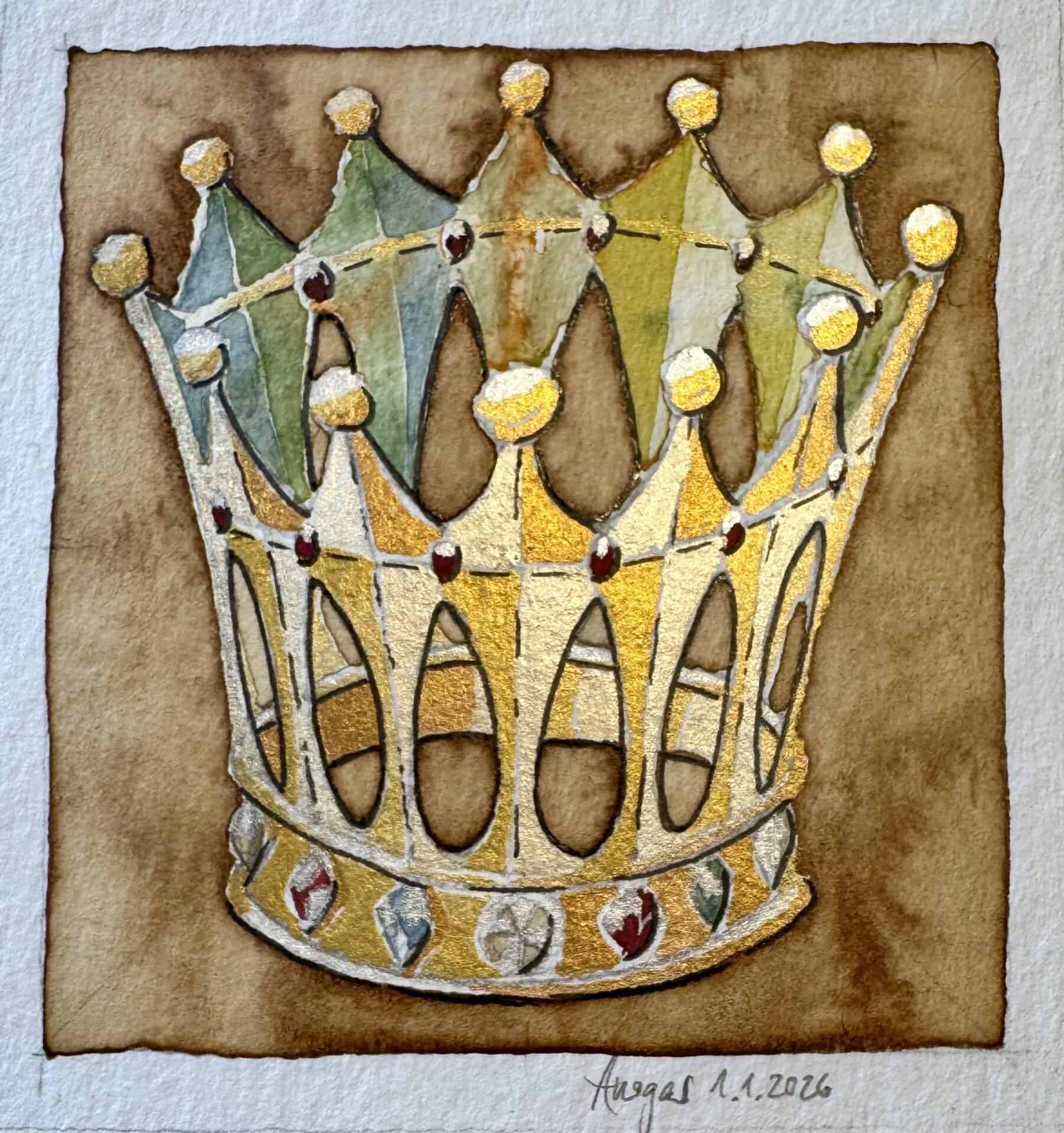 Wasserfarben-Kunst einer goldenen Krone mit Edelsteinen, symbolisiert männliche Kraft.