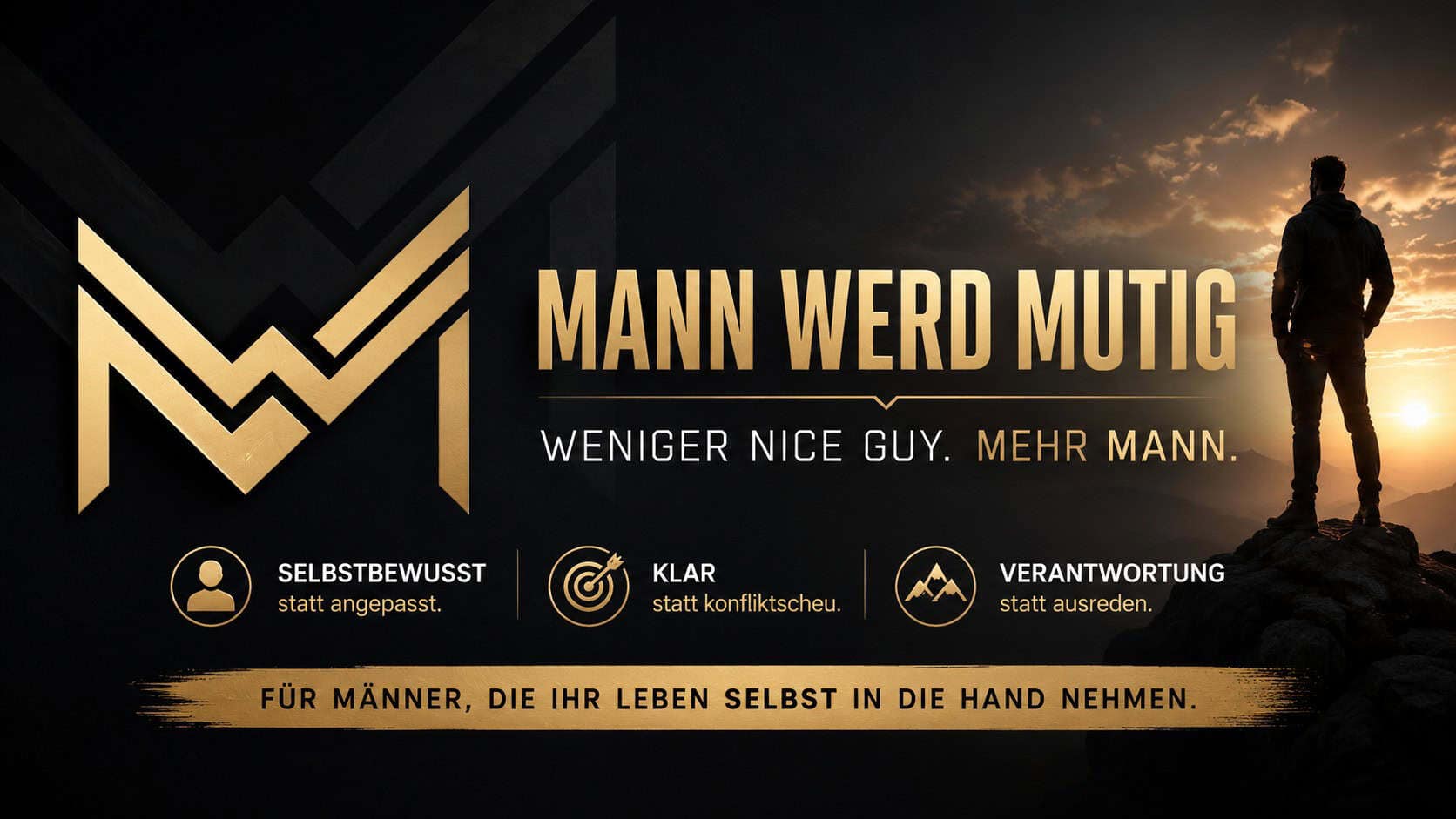 Mann steht auf einem Hügel bei Sonnenuntergang, symbolisiert Mut und Selbstvertrauen.