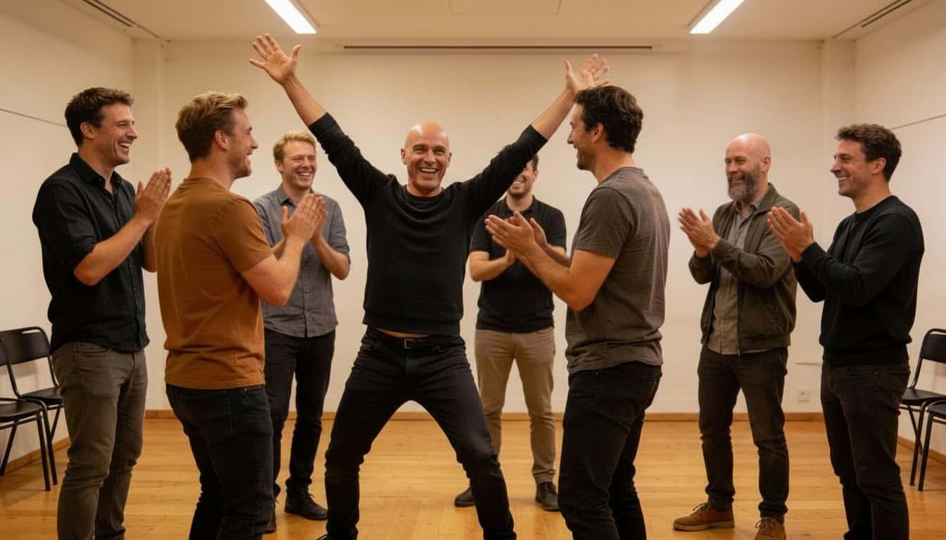 Männer beim Impro-Workshop, lachen und haben Spaß in einem Raum.
