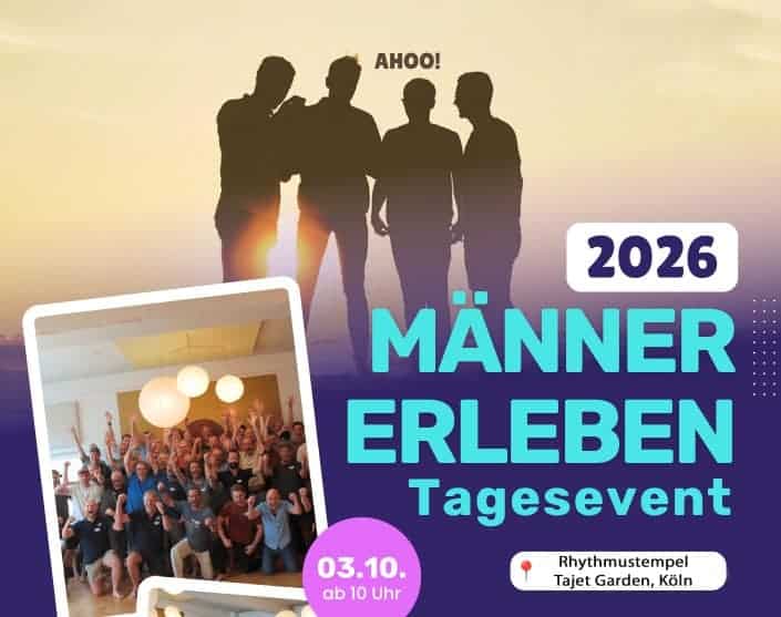 Männer erleben Tagesevent 2026 mit Gruppenfoto und Silhouetten.